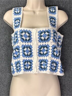 FRIME Crop Tank Top Womens M/L Blue Crochet Granny Square Button Boho Festival